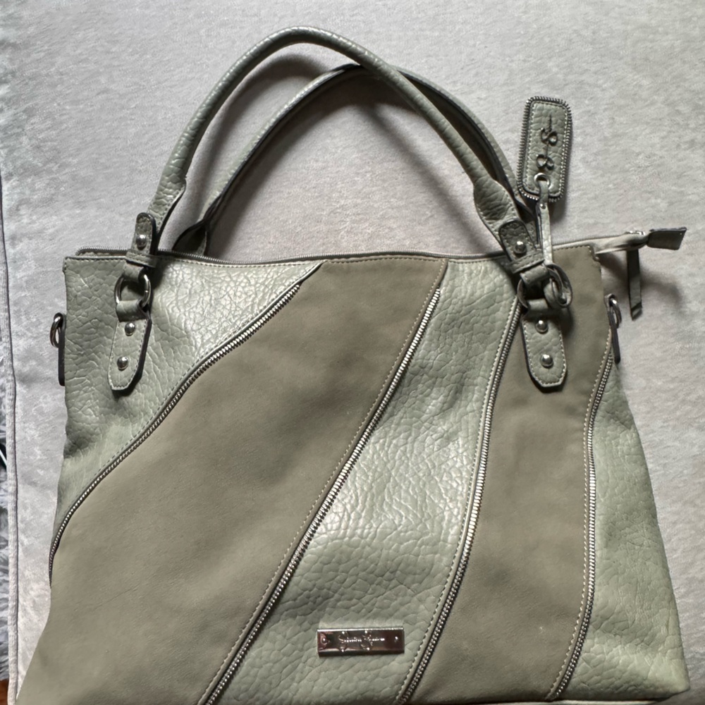 Jessica Simpson green sage zippers faux suede satchel crossbody handbag w strap